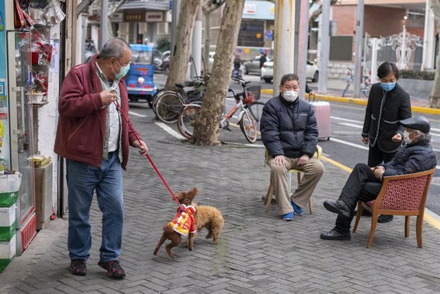 Un señor pasea al chucho por las calles de Shanghái, mientras otros tres paisanos toman la fresca.