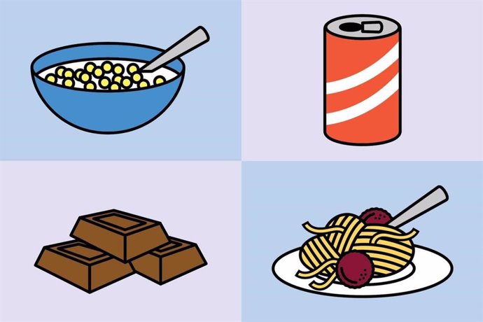 Ilustración de alimentos procesados: cereales, refrescos, chocolate y pasta.