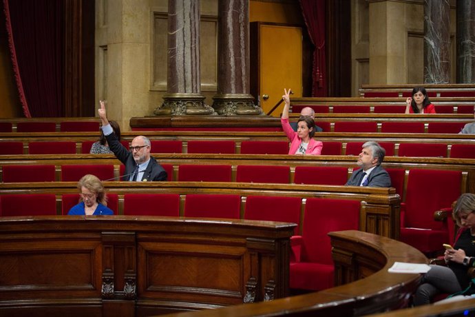 Els diputats autonmics Eduard Pujol i Anna Caula indiquen el sentit del vot del seu grup durant el segon ple en la qual es debat la gestió de la crisi sanitria de la covid-19 i la reconstrucció de Catalunya davant l'impacte de la pandmia.