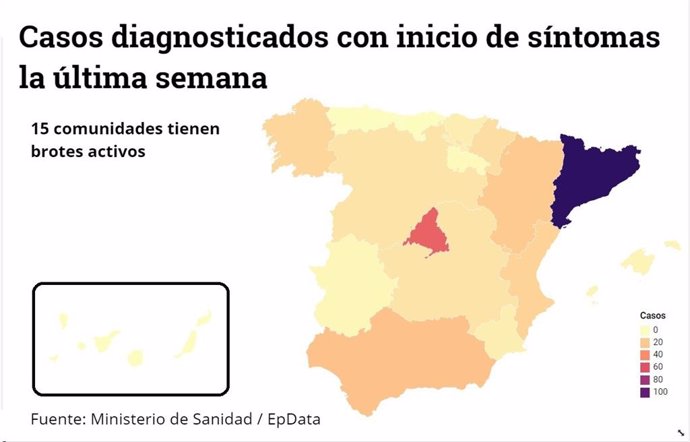 Mapa de los rebrotes: La aparición del brote en Madrid sitúa ya a 15 Comunidades Autónomas con focos activos.