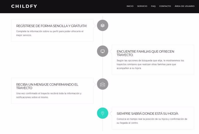 Captura de la página de Childfy, startup malagueña que ofrece una plataforma para facilitar la movilidad a los centros educativos