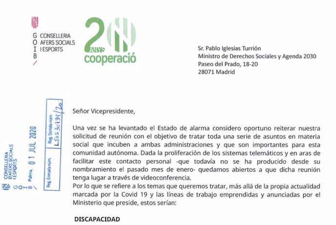 Carta enviada por la consellera de Asuntos Sociales y Deportes, Fina Santiago, al vicepresidente de Derechos Sociales, Pablo Iglesias.