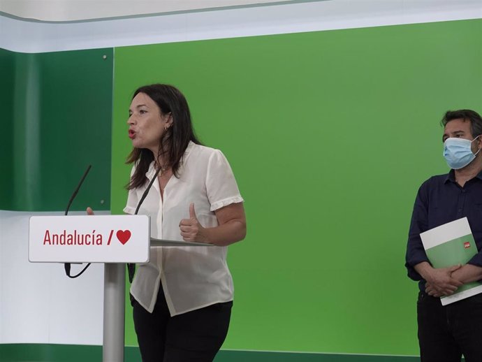 La eurodiputada socialista Lina Gálvez, en rueda de prensa junto al delegado de Transición Ecológica y Cambio Climático del PSOE-A, Joaquín Dobladez.