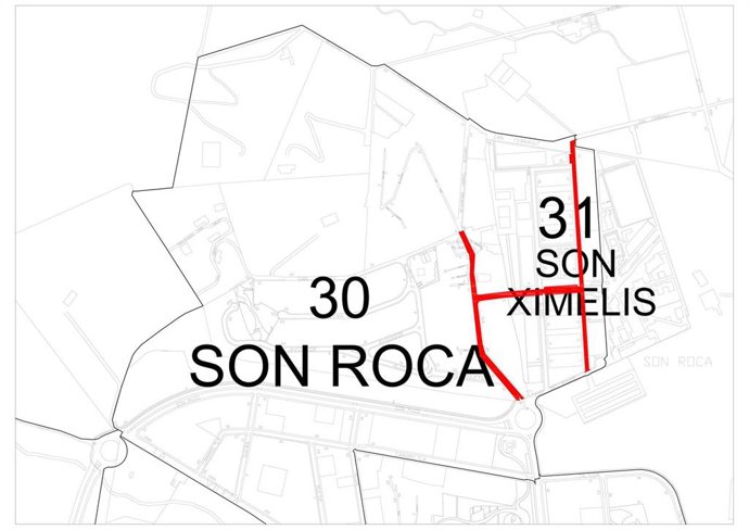 Mapa del asfaltado en los barrios palmesanos de Son Roca y Son Ximelis.