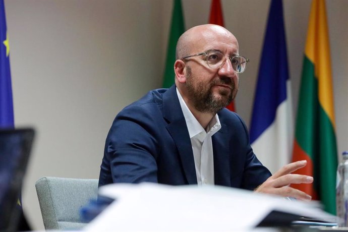 HANDOUT - 26 June 2020, Belgium, Brussels: European Council President Charles Michel speaks during a virtual meeting with Lithuanian President Gitanas Nauseda (not pictured). Photo: Dario Pignatelli/European Council /dpa - ATTENTION: editorial use only 
