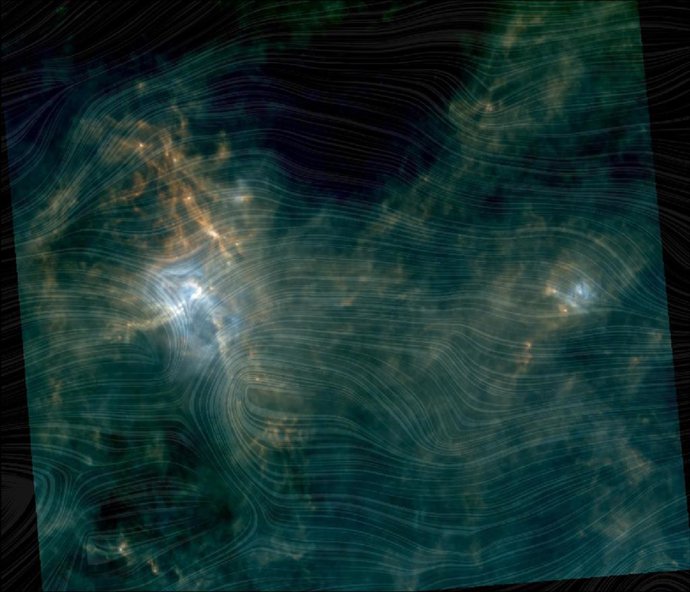 Imagen que muestra el complejo de formación estelar Aquila Rift, basado en una combinación de datos de los telescopios espaciales Herschel y Planck de la ESA