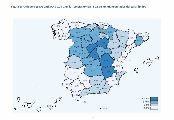 Mapa estadístico de la prevalencia del Coronavirus en España, por provincias.