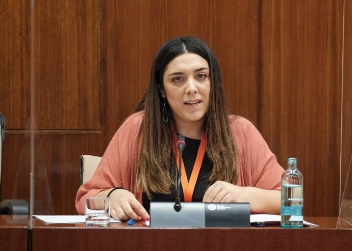 La secretaria de Igualdad y Juventud de UGT Andalucía, Cristina García, este lunes en la Subcomisión de Reactivación Económica del Parlamento de Andalucía.