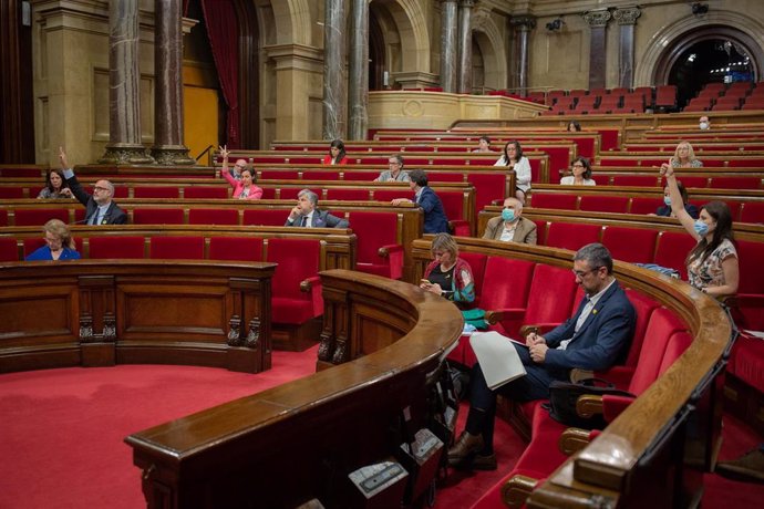 Diputados autonómicos indican el sentido del voto de su grupo en el Parlamento de Catalynua durante la segunda plenaria en la que se debate la gestión de la crisis sanitaria del COVID-19 y la reconstrucción de Cataluña ante el impacto de la pandemia, en