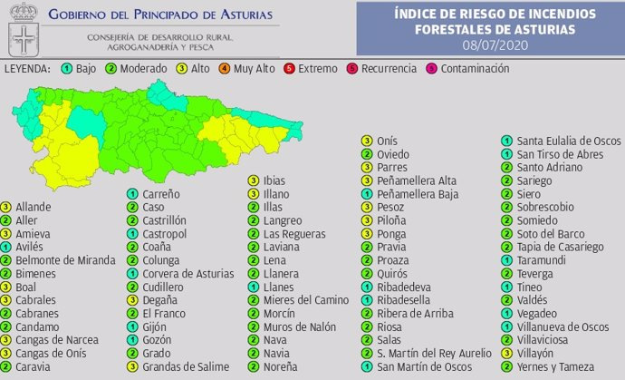 Indice de riesgo de incendios forestales de Asturias