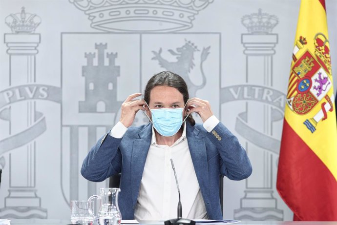 El vicepresidente y ministro de Derechos Sociales y Agenda 2030, Pablo Iglesias, durante la rueda de prensa posterior al Consejo de Ministros en Moncloa, en Madrid (España), a 7 de julio de 2020.