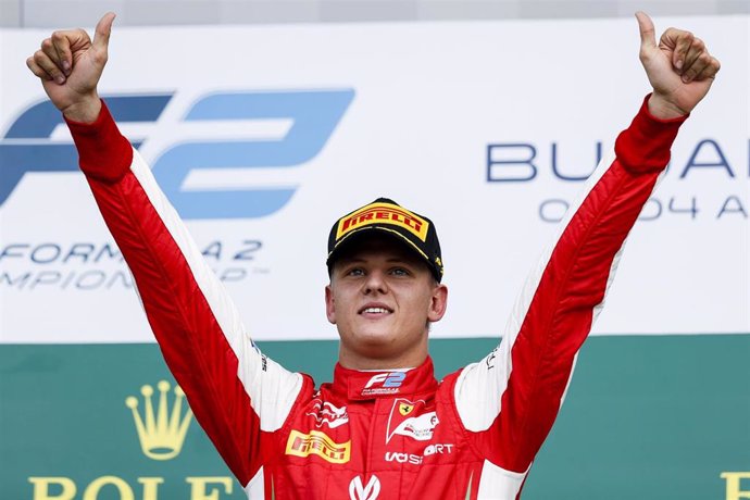 04 August 2019, Hungary, Mogyorod: German Formula Two driver Mick Schumacher of Prema Racing, celebrates his victory after the second race of the FIA Formula 2 Championship at the Hungaroring circuit. Photo: James Gasperotti/ZUMA Wire/dpa