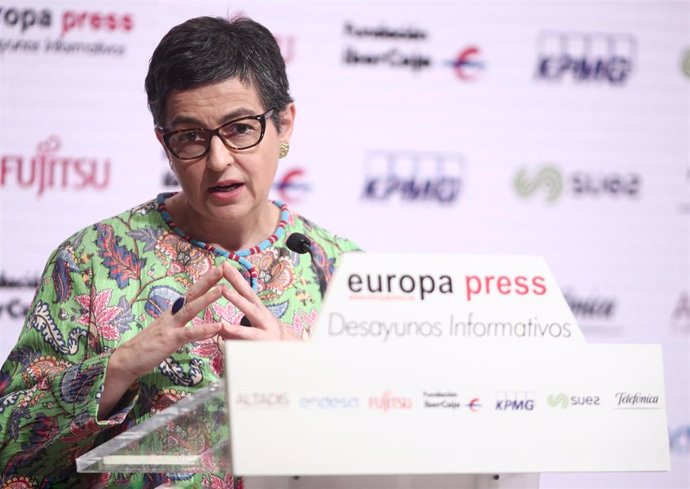 La ministra de Asuntos Exteriores, Unión Europea y Cooperación, Arancha González Laya, durante su intervención en los Desayunos Informativos de Europa Press, en Madrid, (España), a 8 de julio de 2020.