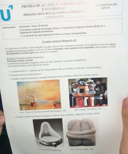 Imagen de la primera página del examen de Fundamentos del Arte, que han afrontado este miércoles los alumnos en la segunda jornada de la prueba de evaluación del Bachillerato para el acceso a la Universidad (Pevau)