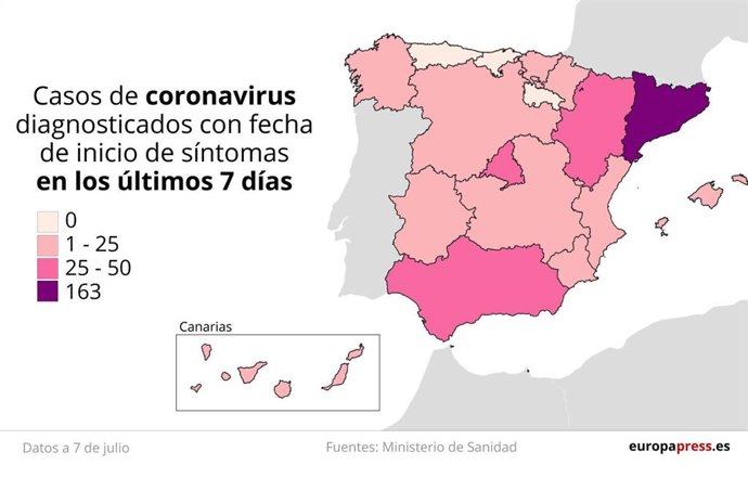 Mapa con casos de coronavirus diagnosticados con fecha de inicio de síntomas en los últimos siete días en España a 7 de julio.