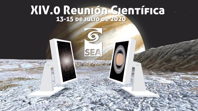 Cartel de la XIV.0 Reunión Científica de la Sociedad Española de Astronomía (SEA), que se celebrará del 13 al 15 de julio vía online