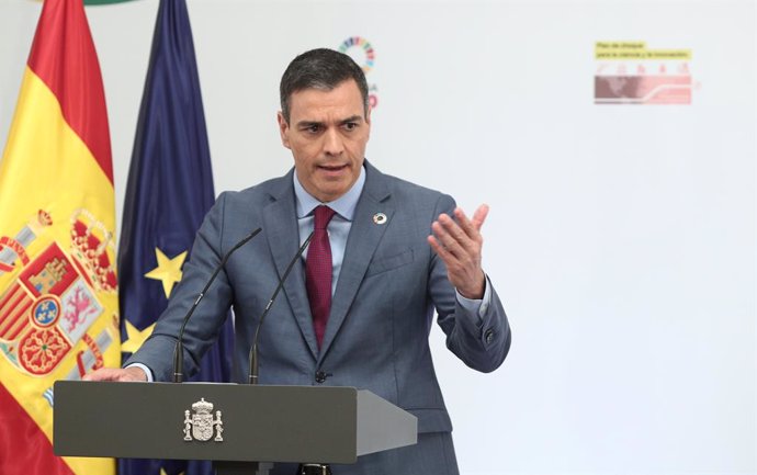 El presidente del Gobierno, Pedro Sánchez, interviene durante la presentación del Plan para reforzar el sistema de Ciencia, Tecnología e Innovación, en Moncloa, Madrid (España), a 9 de julio de 2020.