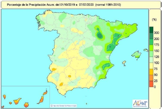 Las lluvias acumuladas en el año hidrológico en España hasta el 7 de julio superan en un 15% el valor normal.