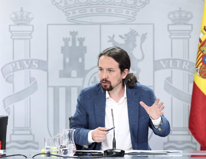El vicepresident i ministre de Drets Socials i Agenda 2030, Pablo Iglesias, en la conferncia de premsa posterior al Consell de Ministres a La Moncloa. Madrid (Espanya), 7 de juliol del 2020.