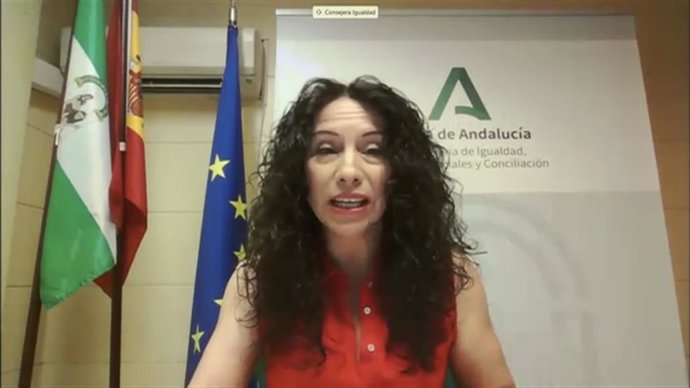 La consejera de Igualdad, Rocío Ruiz, este viernes durante su comparecencia telemática ante la Subcomisión de Políticas Sociales del Parlamento de Andalucía.