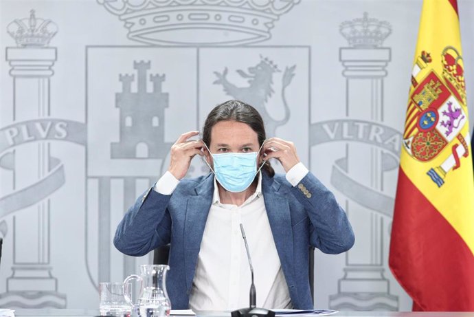 El vicepresidente y ministro de Derechos Sociales y Agenda 2030, Pablo Iglesias, durante una rueda de prensa posterior al Consejo de Ministros en Moncloa