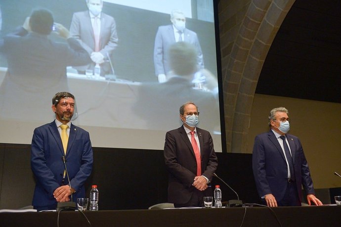 El president de la Cambra de Barcelona, Joan Canadell; el president de la Generalitat, Quim Torra, i el president de la Cambra de Reus, Jordi Just