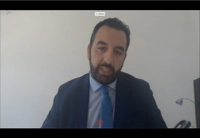 El presidente de la Asociación de Jóvenes Empresarios de Andalucía (AJE), Melesio Peña, este viernes durante su comparecencia telemática en la Comisión del Parlamento de Andalucía.