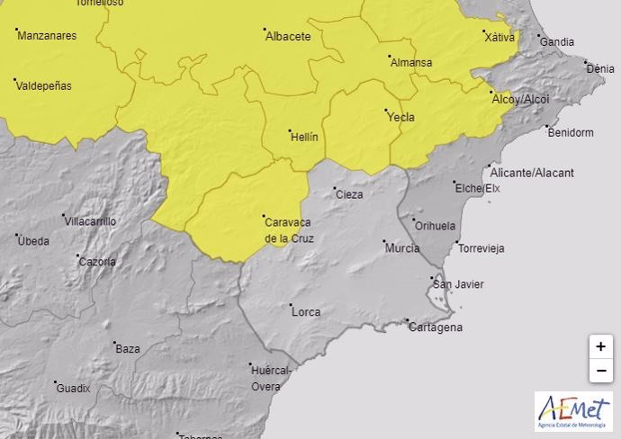 Mapa que muestra las comarcas con aviso de nivel amarillo