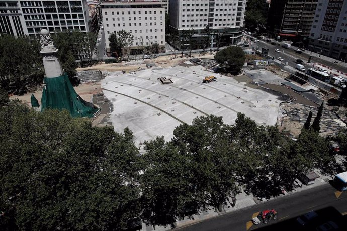 Obras en la Plaza de España de Madrid para comunicar peatonalmente Plaza España con Madrid Río, el Palacio Real y la Gran Vía, en Madrid (España), a 6 de julio de 2020. 