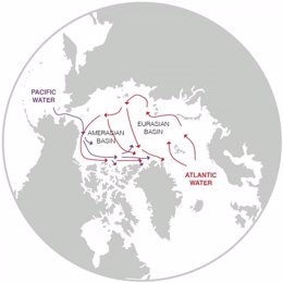 Mapa del Océano Ártico que muestra la ubicación de las cuencas amerasiana y euroasiática. Las flechas muestran el camino del agua cálida y fresca del Pacífico y el agua cálida y salada del Atlántico hacia la región