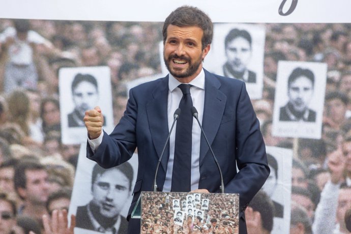 El presidente del PP, Pablo Casado, interviene en el acto de la Fundación Miguel Ángel Blanco en homenaje al edil de Ermua en el 23 aniversario de su asesinato por ETA, en Madrid (España) a 13 de julio de 2020.