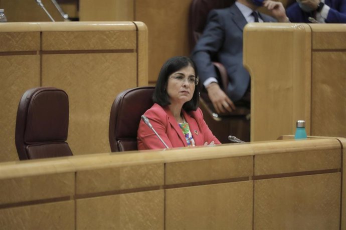 La ministra de Política Territorial y Función Pública, Carolina Darias, durante una sesión de control al Gobierno en el Senado, en Madrid (España) a 14 de julio de 2020. Con este pleno, la Cámara Alta dará por terminada su actividad parlamentaria hasta 