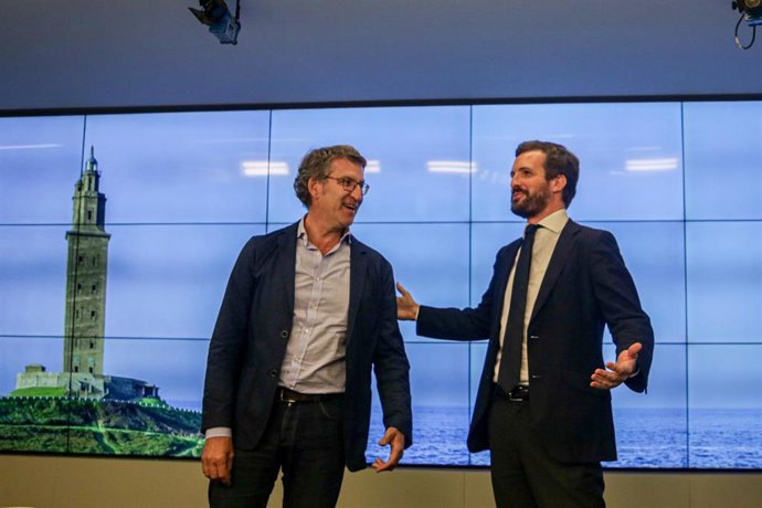 El presidente del Partido Popular, Pablo Casado (d), junto al presidente de la Xunta,Alberto Núñez Feijóo (i), durante la reunión del Comité Ejecutivo Nacional en la sede del partido, en Madrid (España), a 15 de julio de 2020.