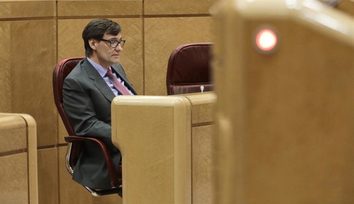 El ministro de Sanidad, Salvador Illa, durante una sesión de control al Gobierno en el Senado, en Madrid (España) a 14 de julio de 2020. Con este pleno, la Cámara Alta dará por terminada su actividad parlamentaria hasta el mes de septiembre.