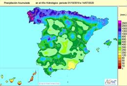 Precipitación acumulada en el año hidrológico entre el 1 de octubre de 2019 y el 14 de julio de 2020