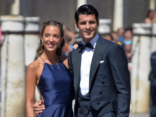 Alvaro Morata and wife Alice Campello attend the wedding of real Madrid football player Sergio Ramos and Tv presenter Pilar Rubio at Seville's Cathedral on June 15, 2019 in Seville, Spain.