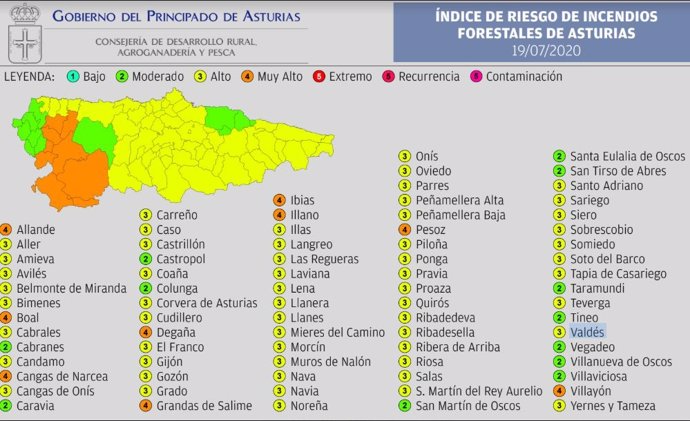 Índice De Riesgo De Incendio Forestal En Asturias El Domingo 19 De Julio De 2020.