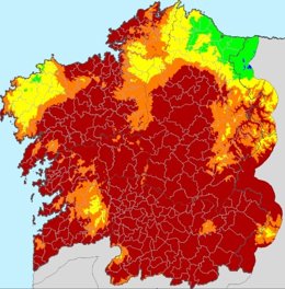 Mapa del índice de riesgo diario de incendio (IRDI) del domingo 19 de julio de 2020 elaborado por la Consellería do Medio Rural.