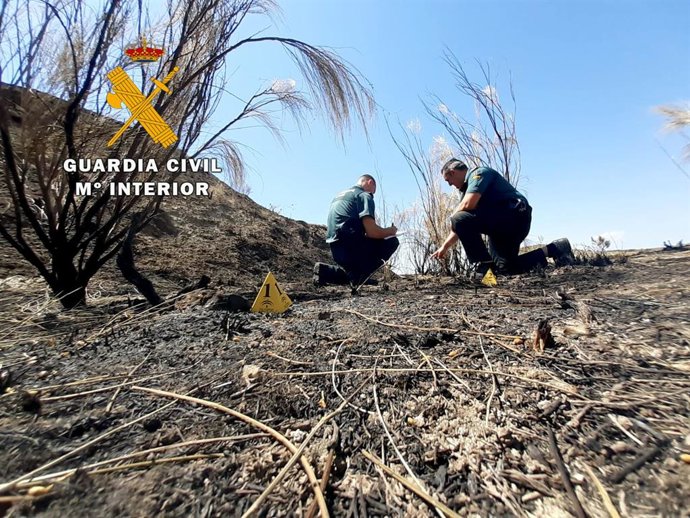 Agentes de la Guardia Civil investigando sobre el terreno los incendios de Hinojares