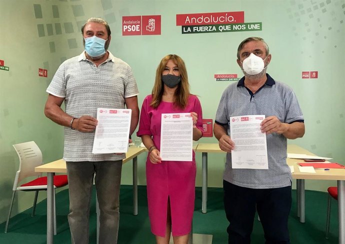 La secretaria general del PSOE de Sevilla, Verónica Pérez, con los secretarios generales de UGT y CCOO de Sevilla, Juan Bautista Ginés y Alfonso Vidán, respectivamente