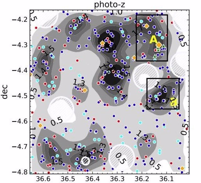 Distribuciones en el cielo de galaxias en D1UD01 con desplazamientos al rojo fotométrico entre 2.9 y 3.3.