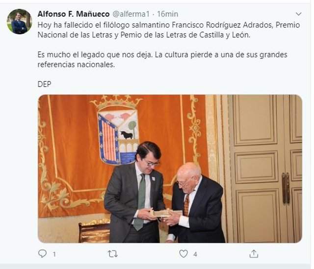 Caprtura del tuit de Fernández Mañueco junto a Rodríguez Adrados.