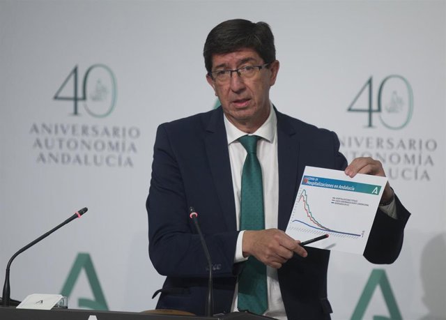 El vicepresidente de la Junta de Andalucía, Juan Marín, durante su intervención en la rueda de prensa posterior a la reunión del Consejo de Gobierno. En el Palacio de San Telmo, Sevilla (Andalucía, España), a 21 de julio de 2020.