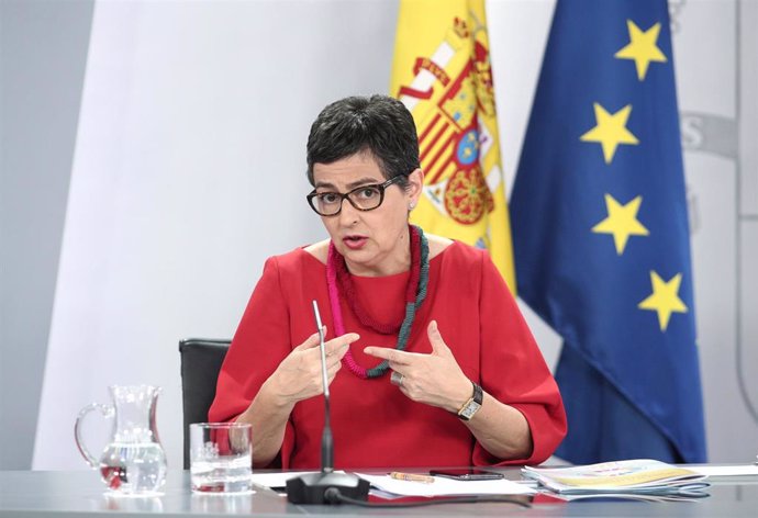 La ministra de Asuntos Exteriores, Unión Europea y Cooperación, Arantxa González Laya, interviene en rueda de prensa posterior al Consejo de Ministros de Moncloa, Madrid (España), a 21 de julio de 2020. 