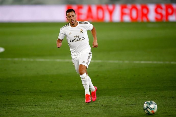 Eden Hazard of Real Madrid in action during the Liga match between Real Madrid and Villarreal CF at Alfredo Di Stefano Stadium on July 16, 2020 in Valdebebas, Madrid, Spain.