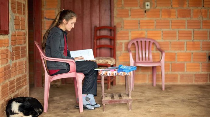 Niña paraguaya estudia a distancia durante la pandemia de coronavirus