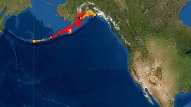 Mapa de la zona a la que se refiere la alerta por tsunami emitida por Estados Unidos tras un terremoto de 7,8 con epicentro al sur de Alaska