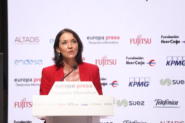 La ministra de Industria, Comercio y Turismo, Reyes Maroto, durante su intervención en un Desayuno Informativo Europa Press celebrado en Espacio Villanueva, Madrid (España), a 22 de julio de 2020.