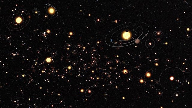 Una ilustración artística de sistemas planetarios extrasolares.