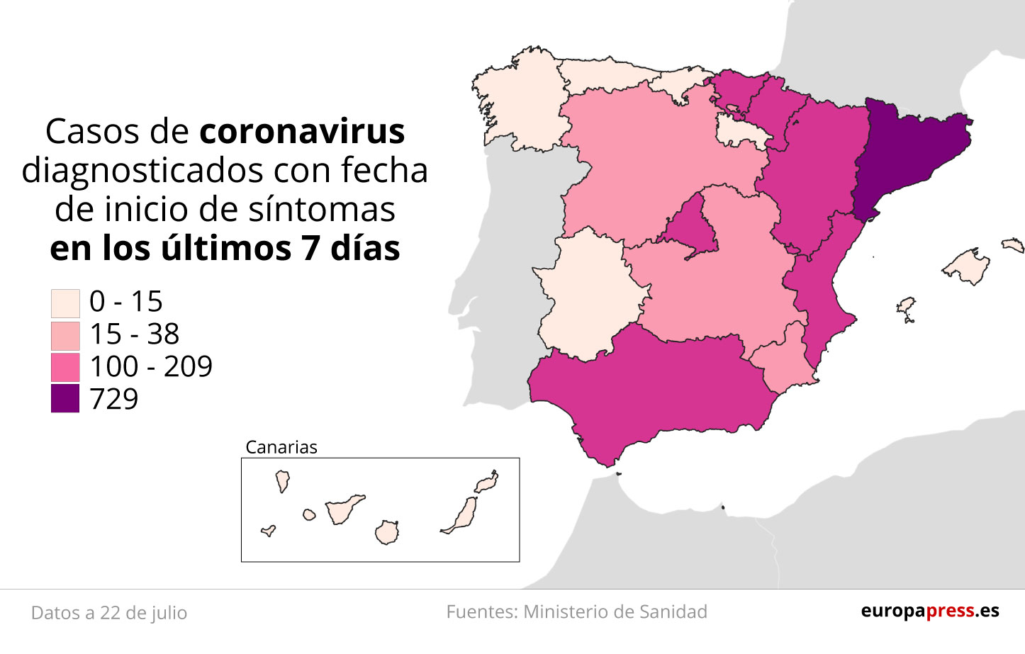 Mapa con casos de coronavirus diagnosticados con fecha de inicio de síntomas en los últimos 7 días